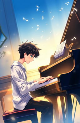 A high school boy playing piano, surrounded by an enchanting atmosphere
