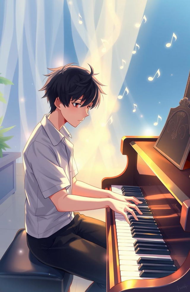 A high school boy playing piano, surrounded by an enchanting atmosphere