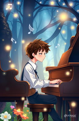 A high school boy playing the piano in a whimsical, fairy tale style