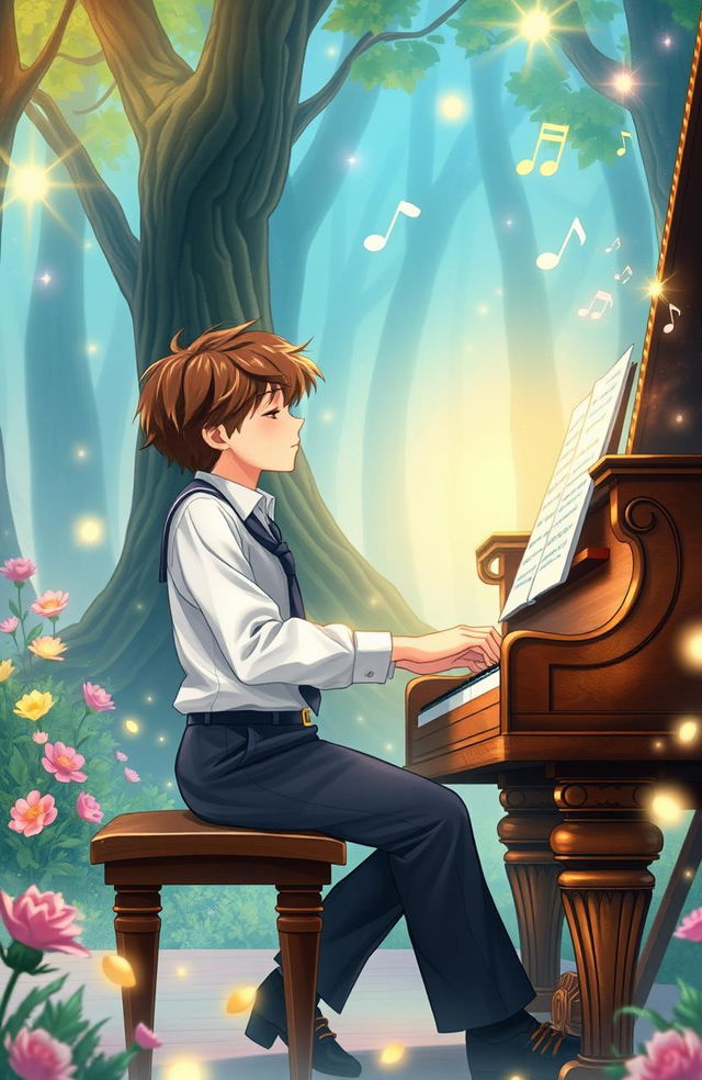 A high school boy playing the piano in a whimsical, fairy tale style