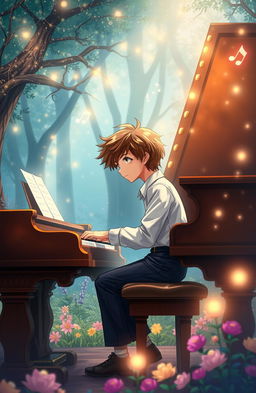 A high school boy playing the piano in a whimsical, fairy tale style