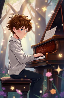 A high school boy playing the piano in a whimsical, fairy tale style