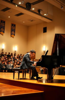 A man elegantly playing a grand piano on a large stage in his school auditorium
