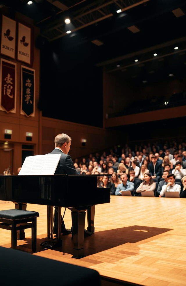 A man elegantly playing a grand piano on a large stage in his school auditorium