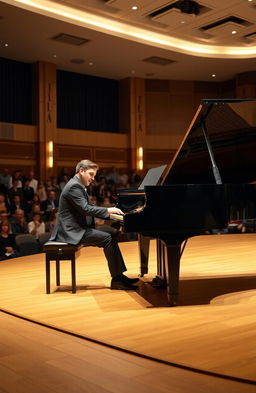 A man elegantly playing a grand piano on a large stage in his school auditorium