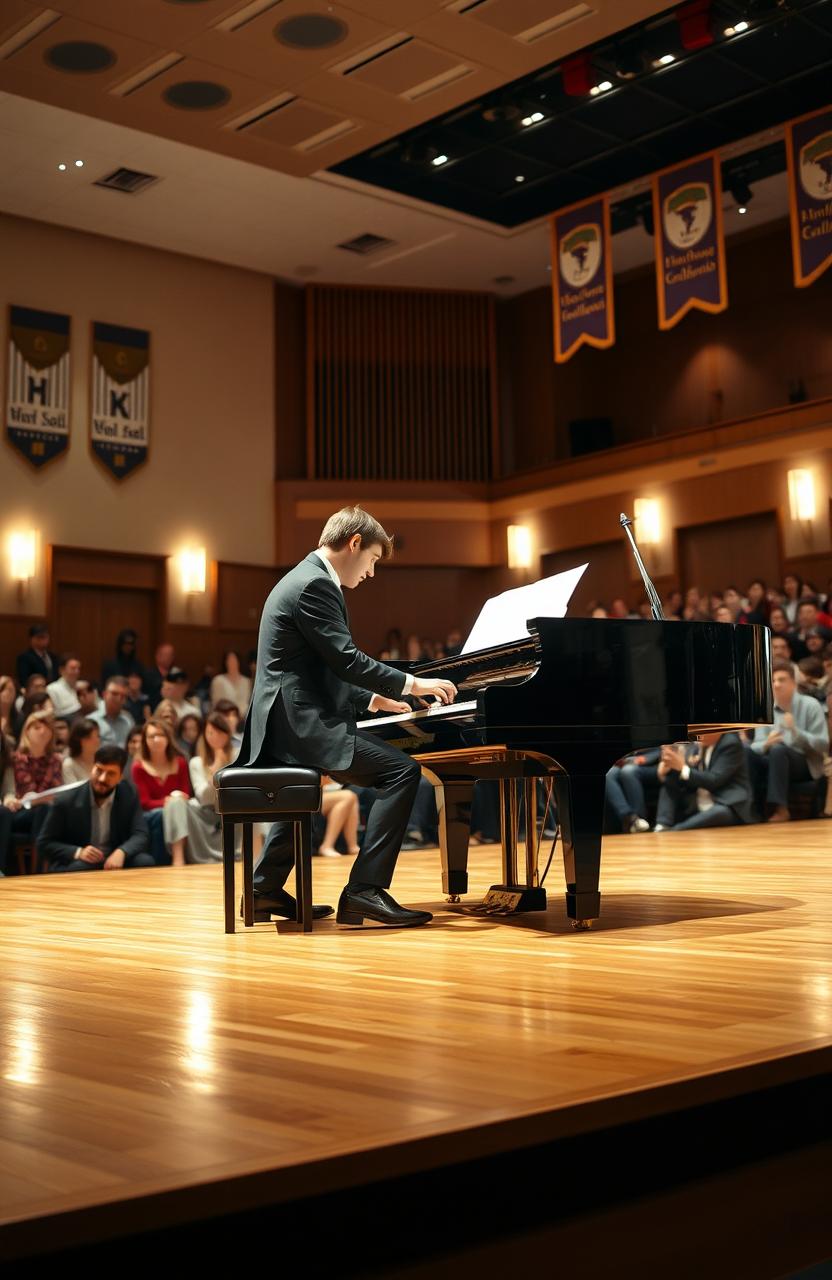 A man elegantly playing a grand piano on a large stage in his school auditorium