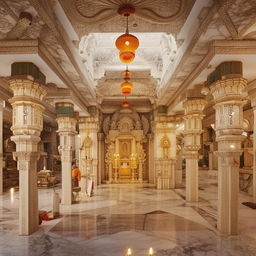 An elaborate and serene Hindu mandir, intricately crafted with white marble, adorned with golden ornaments and lit beautifully by the warm glow of diyas