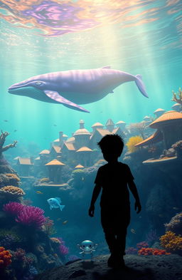 A vibrant underwater scene featuring a colorful underwater village with stunning coral reefs