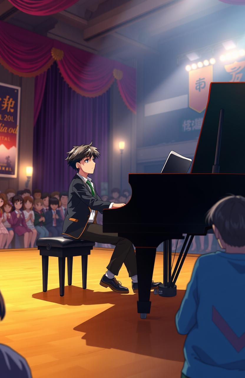 A young man passionately playing a grand piano on a large stage in his school, surrounded by an audience captivated by the performance