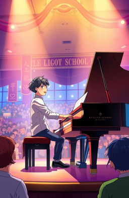 A young man passionately playing a grand piano on a large stage in his school, surrounded by an audience captivated by the performance