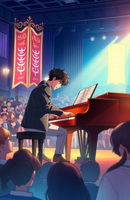 A young man passionately playing a grand piano on a large stage in his school, surrounded by an audience captivated by the performance