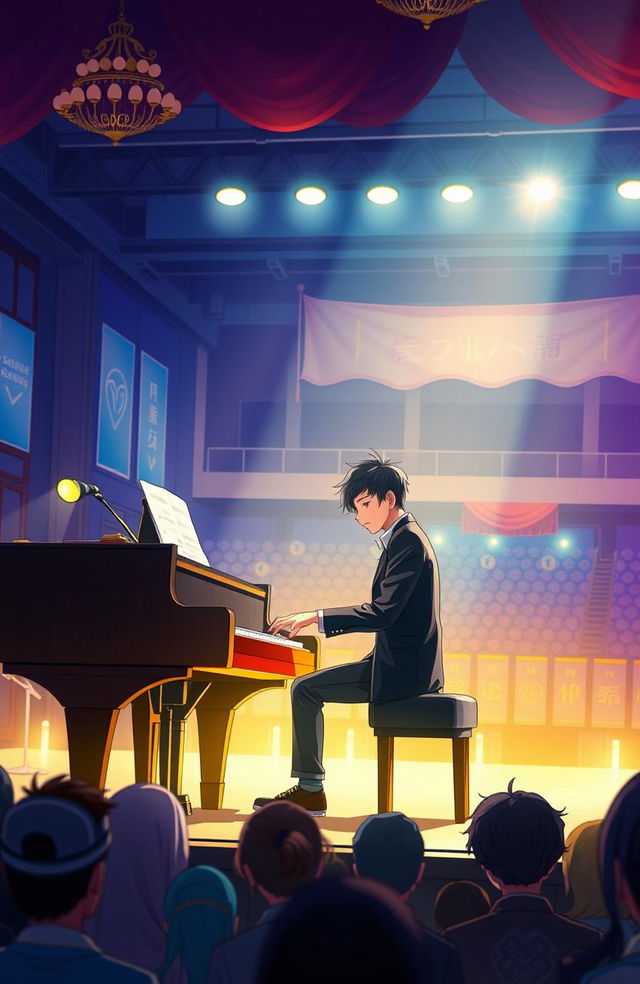 A young man passionately playing a grand piano on a large stage in his school, surrounded by an audience captivated by the performance