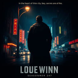 A dramatic film poster featuring a dark, moody cityscape at night with neon lights reflecting off rain-slicked streets