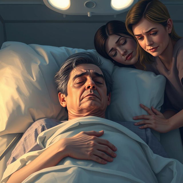 A deeply moving and sensitive representation of cancer pain, illustrating a patient lying in a hospital bed, surrounded by supportive family members