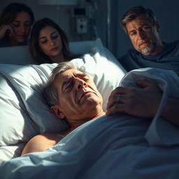 A deeply moving and sensitive representation of cancer pain, illustrating a patient lying in a hospital bed, surrounded by supportive family members