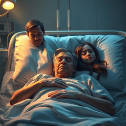 A deeply moving and sensitive representation of cancer pain, illustrating a patient lying in a hospital bed, surrounded by supportive family members