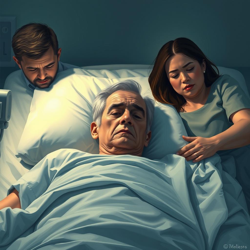 A deeply moving and sensitive representation of cancer pain, illustrating a patient lying in a hospital bed, surrounded by supportive family members