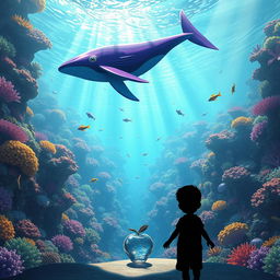 A vibrant underwater city filled with colorful corals and marine life, featuring a majestic purple and blue whale gracefully swimming through the scene