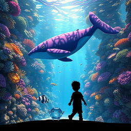 A vibrant underwater city filled with colorful corals and marine life, featuring a majestic purple and blue whale gracefully swimming through the scene