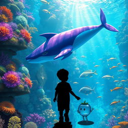 A vibrant underwater city filled with colorful corals and marine life, featuring a majestic purple and blue whale gracefully swimming through the scene