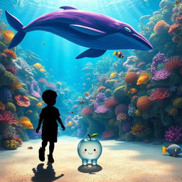 A vibrant underwater city filled with colorful corals and marine life, featuring a majestic purple and blue whale gracefully swimming through the scene