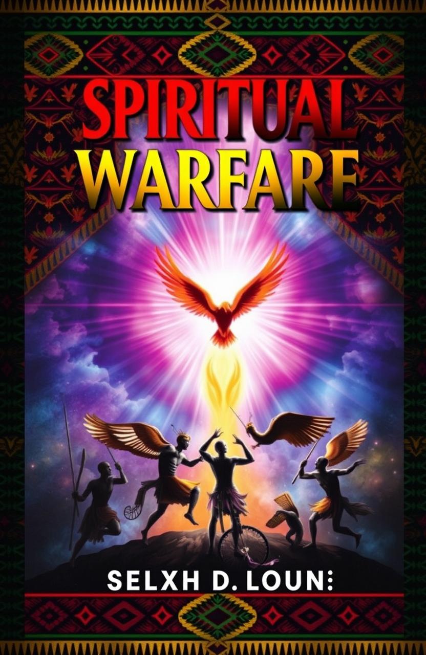 An artistic book cover design titled 'Spiritual Warfare' featuring vibrant African motifs and colors