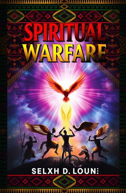 An artistic book cover design titled 'Spiritual Warfare' featuring vibrant African motifs and colors