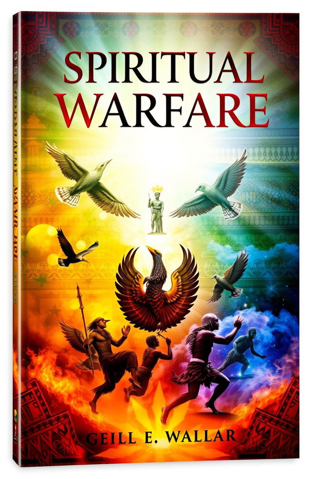 An artistic book cover design titled 'Spiritual Warfare' featuring vibrant African motifs and colors