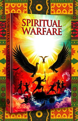 An artistic book cover design titled 'Spiritual Warfare' featuring vibrant African motifs and colors