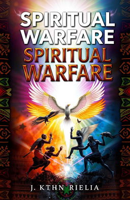 An artistic book cover design titled 'Spiritual Warfare' featuring vibrant African motifs and colors