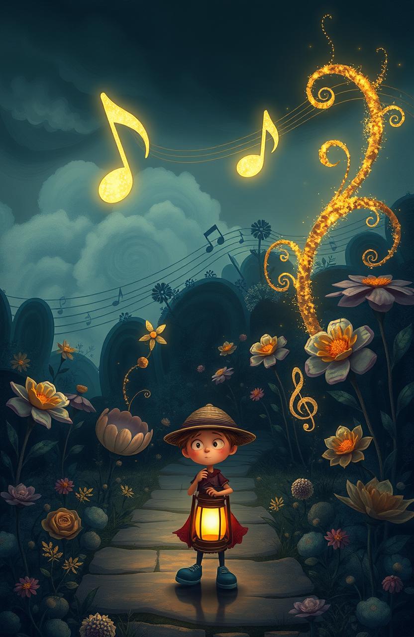 A digital art piece depicting a somber melody that someone has been searching for, presented in a cartoonish style