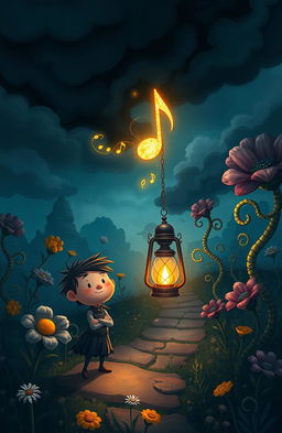 A digital art piece depicting a somber melody that someone has been searching for, presented in a cartoonish style
