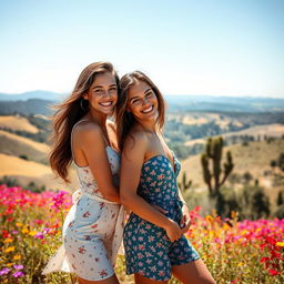 A captivating landscape of Spain, showcasing a beautiful view of rolling hills and vibrant wildflowers under a clear blue sky