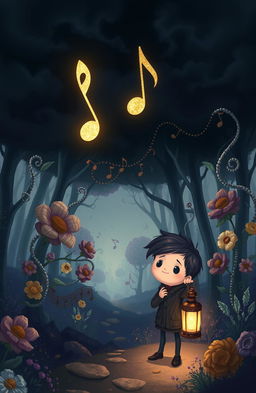 A digital art piece depicting a somber melody that someone has been searching for, presented in a cartoonish style