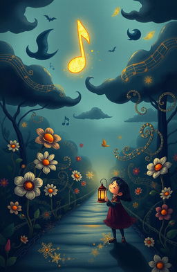 A digital art piece depicting a somber melody that someone has been searching for, presented in a cartoonish style