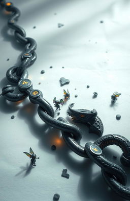 A fantastical scene depicting a large, broken chain lying on a white and light background infused with subtle touches of darkness