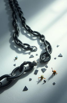 A fantastical scene depicting a large, broken chain lying on a white and light background infused with subtle touches of darkness