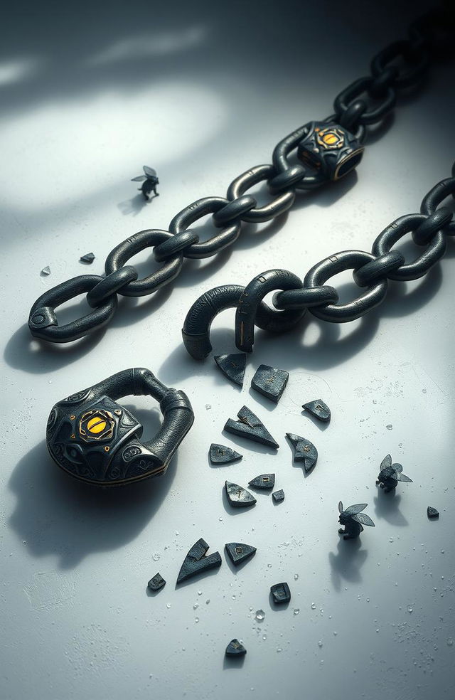 A fantastical scene depicting a large, broken chain lying on a white and light background infused with subtle touches of darkness