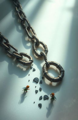 A fantastical scene depicting a large, broken chain lying on a white and light background infused with subtle touches of darkness