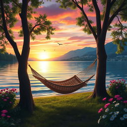 A serene and tranquil scene depicting a peaceful lakeside at sunset, with gentle waves lapping at the shore, surrounded by lush green trees and blooming flowers