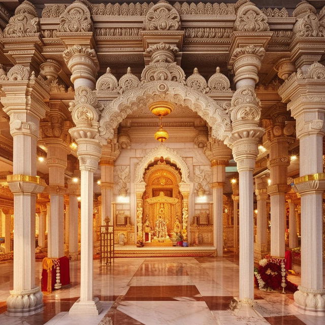 An elaborate and serene Hindu mandir, intricately crafted with white marble, adorned with golden ornaments and lit beautifully by the warm glow of diyas