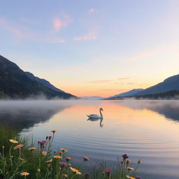 A tranquil landscape featuring a serene lake surrounded by lush greenery and tall mountains in the background