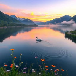 A tranquil landscape featuring a serene lake surrounded by lush greenery and tall mountains in the background