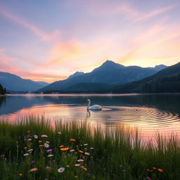 A tranquil landscape featuring a serene lake surrounded by lush greenery and tall mountains in the background