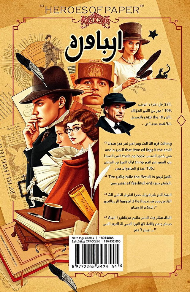 A book cover design for a novel titled "أبطال الورق" (Heroes of Paper) featuring the most famous literary characters in history