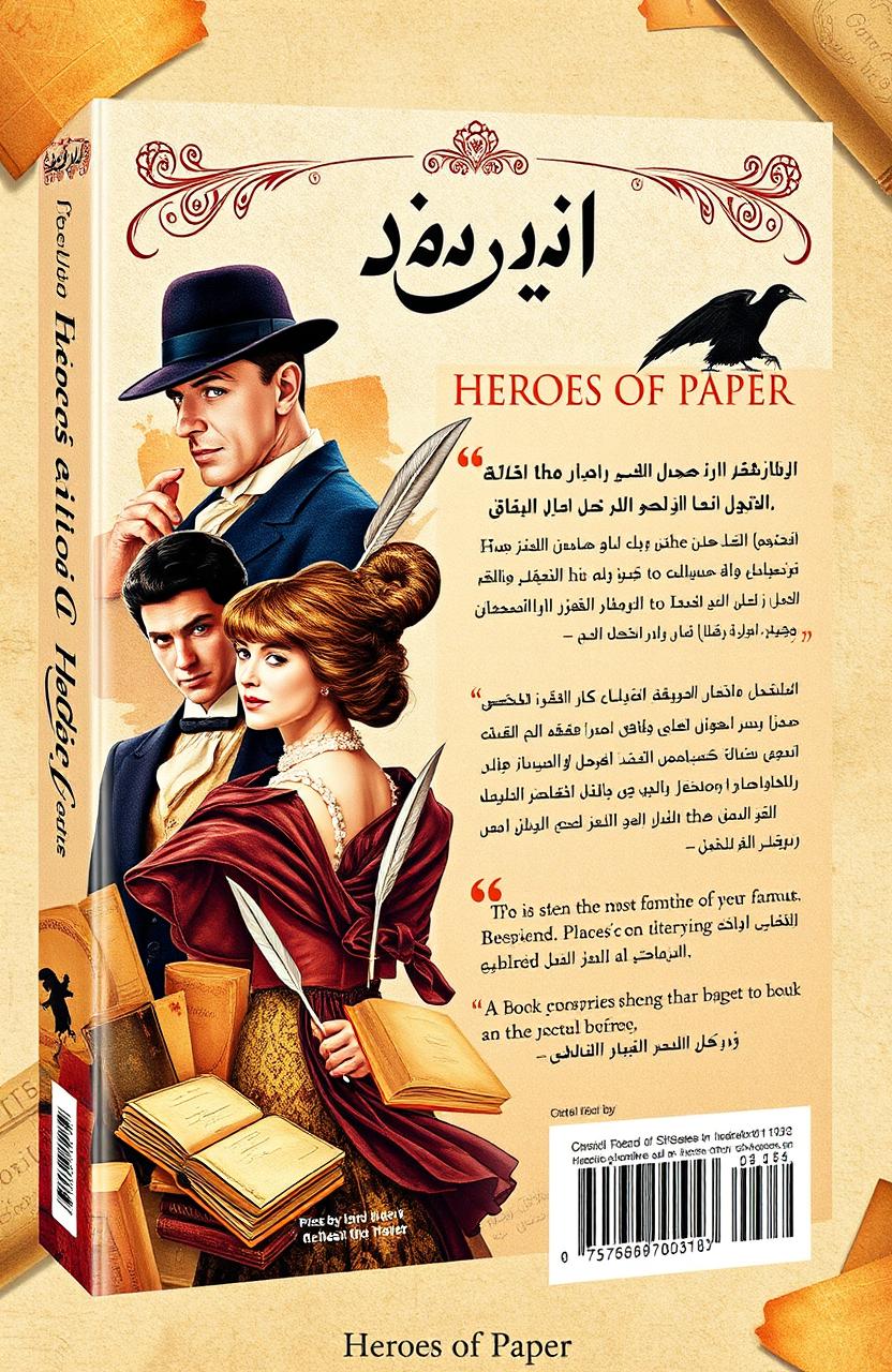 A book cover design for a novel titled "أبطال الورق" (Heroes of Paper) featuring the most famous literary characters in history