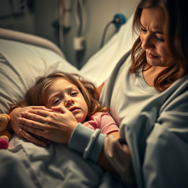 An emotional and heartfelt scene depicting a young girl in cancer pain, lying on a hospital bed, her face showing a mix of discomfort and strength