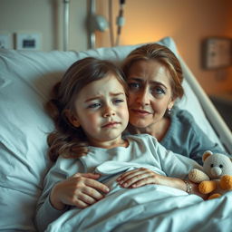An emotional and heartfelt scene depicting a young girl in cancer pain, lying on a hospital bed, her face showing a mix of discomfort and strength