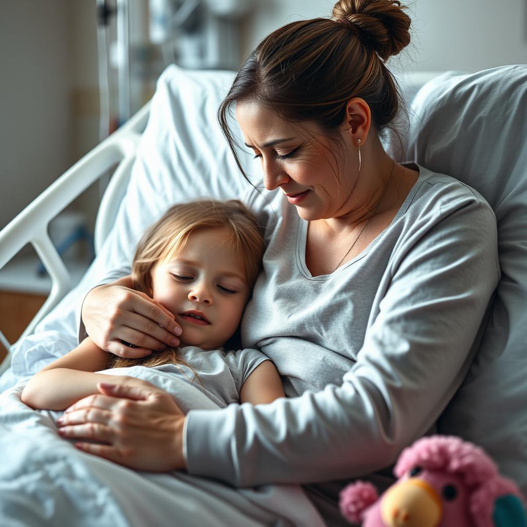 An emotional and heartfelt scene depicting a young girl in cancer pain, lying on a hospital bed, her face showing a mix of discomfort and strength