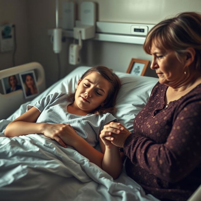 A heartfelt and emotional scene depicting an 18-year-old girl experiencing cancer pain, lying on a hospital bed